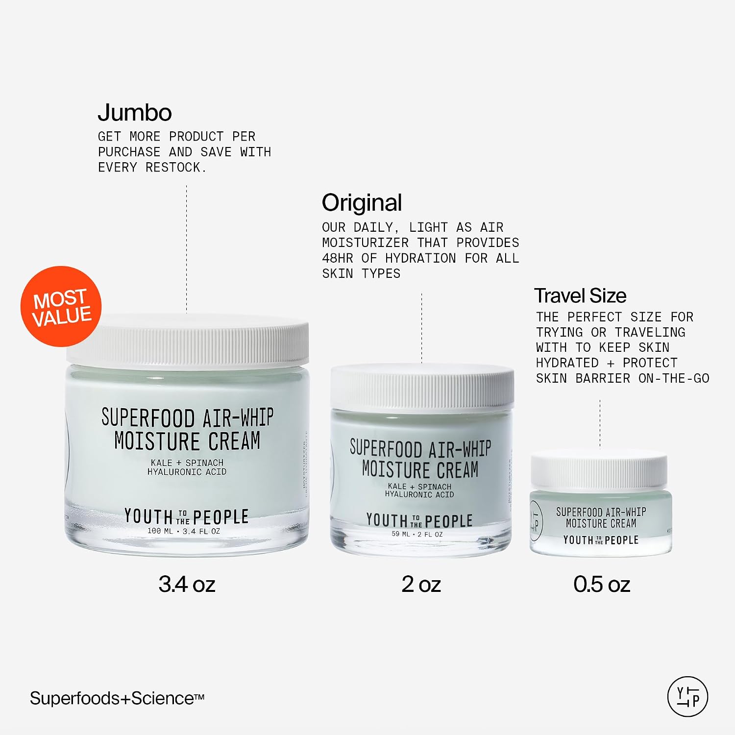 Youth To The People Superfood Air-Whip Moisture Cream - Kale + Green Tea Hyaluronic Acid Face Moisturizer, 48-HR Hydration with Dewy Glow, Non-Greasy Lightweight Gel, Makeup Primer, Non-comedogenic