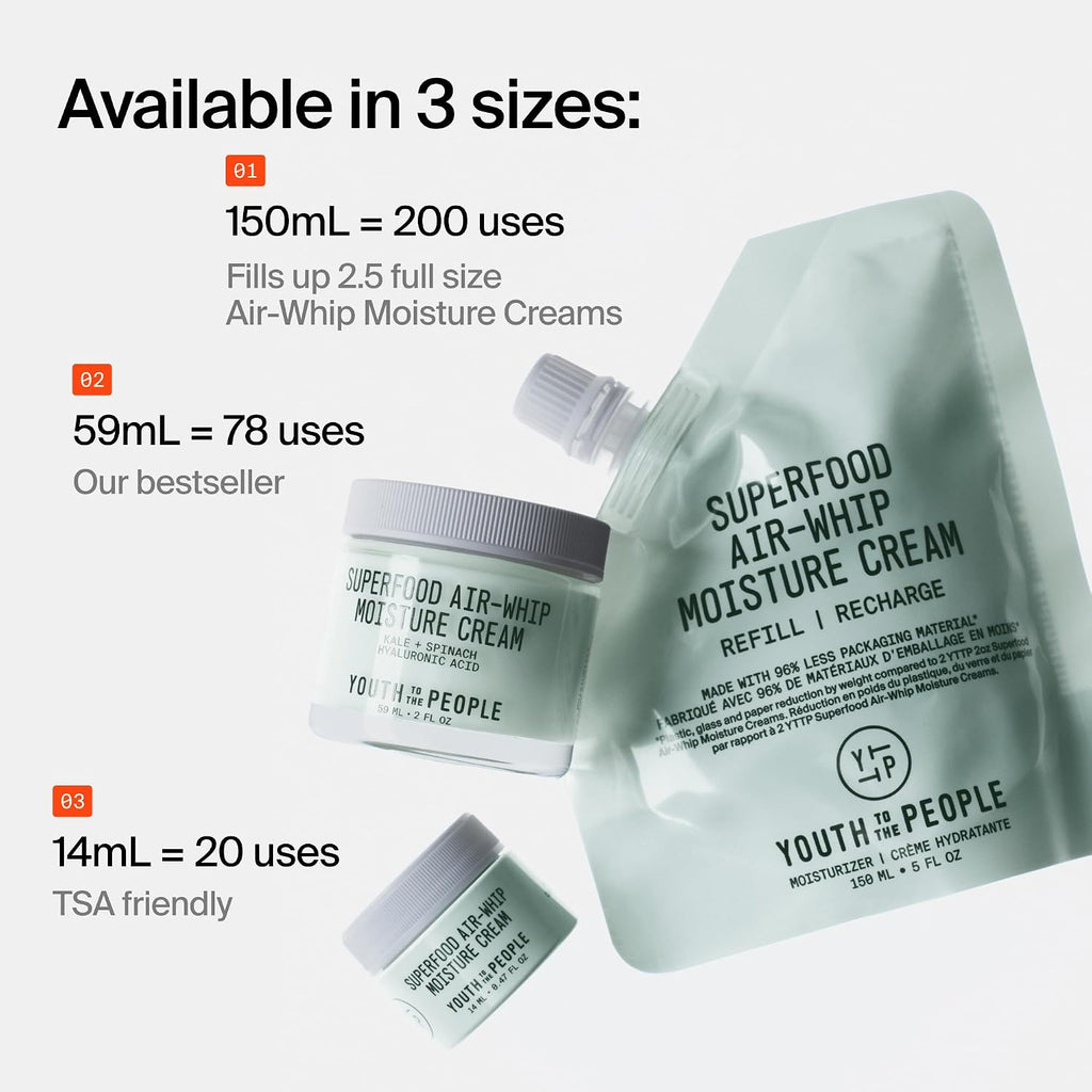 Youth To The People Superfood Air-Whip Moisture Cream Refill - Kale + Green Tea Hyaluronic Acid Face Moisturizer, Smooths + Hydrates Up to 48HR with Dewy Glow, Non-Greasy Lightweight Gel - 5.07 fl oz