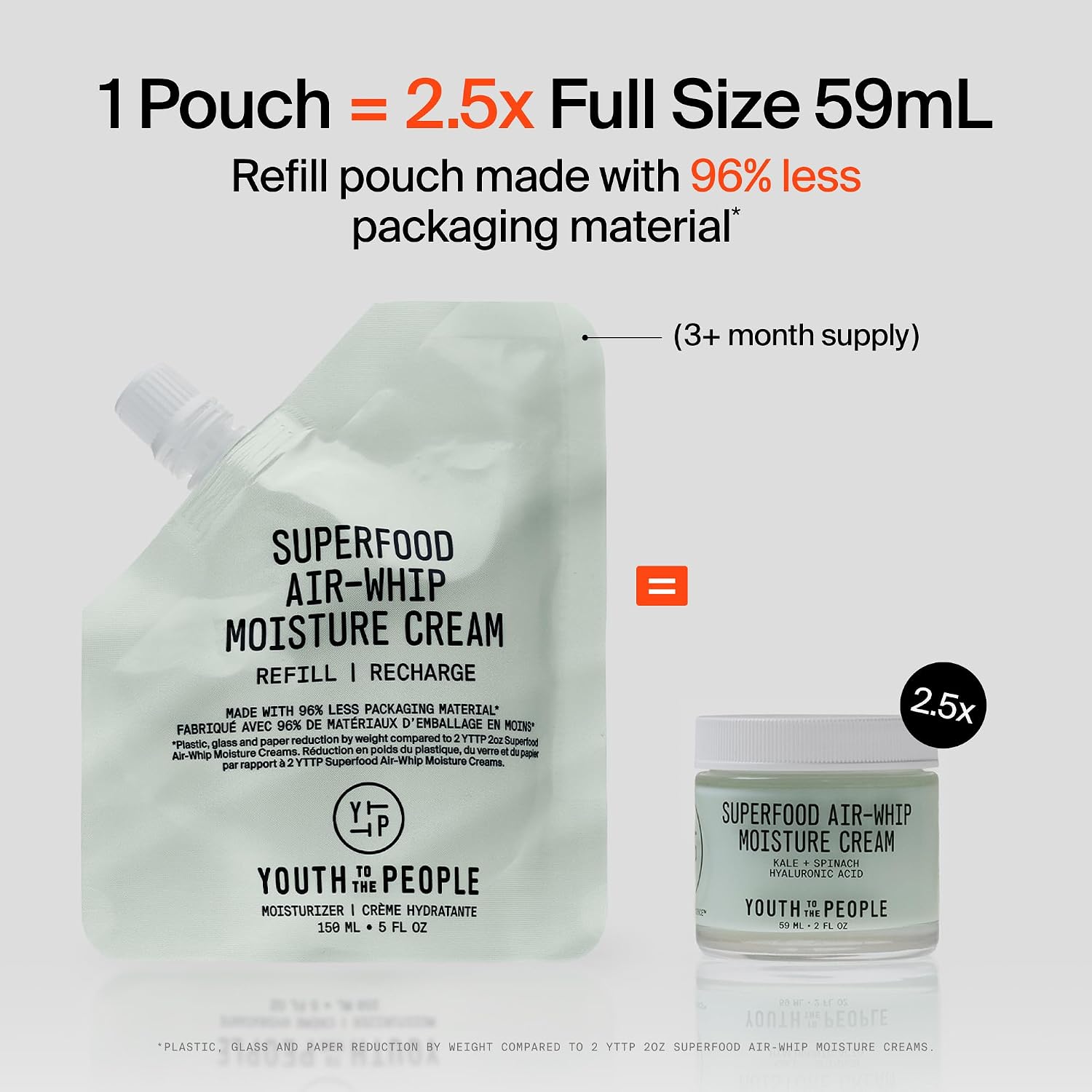 Youth To The People Superfood Air-Whip Moisture Cream Refill - Kale + Green Tea Hyaluronic Acid Face Moisturizer, Smooths + Hydrates Up to 48HR with Dewy Glow, Non-Greasy Lightweight Gel - 5.07 fl oz
