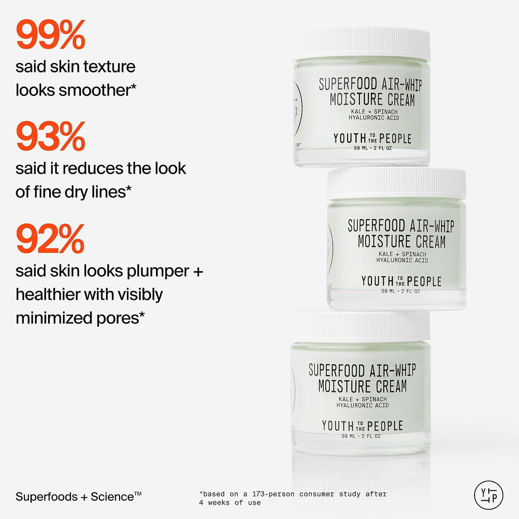Youth To The People Superfood Air-Whip Moisture Cream - Kale + Green Tea Hyaluronic Acid Face Moisturizer, 48-HR Hydration with Dewy Glow, Non-Greasy Lightweight Gel, Makeup Primer, Non-comedogenic