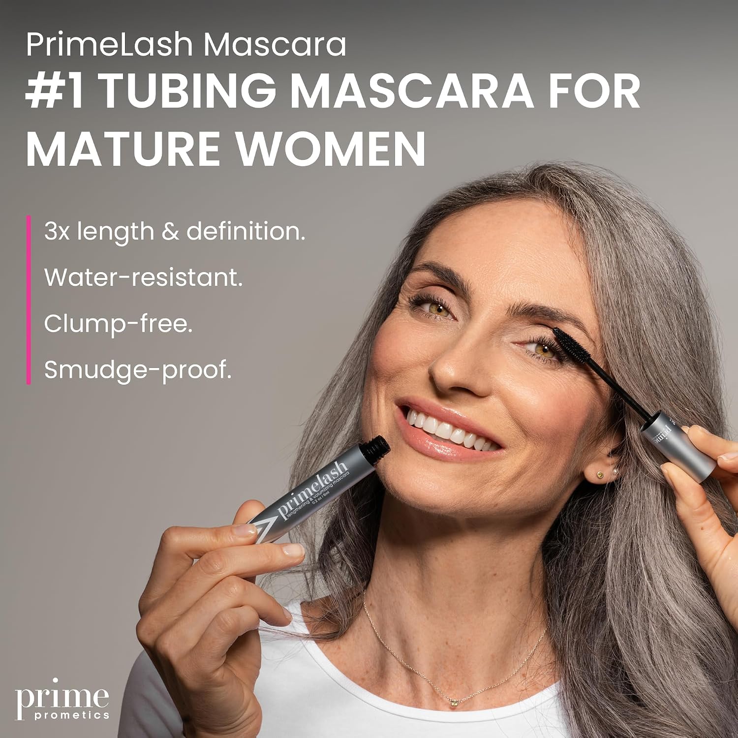 Prime Prometics PrimeLash Mascara for Older Women – Volumizing, Incredible Length in 2 Coats – Long-Stay, Zero Clumps, Hypoallergenic (Black)